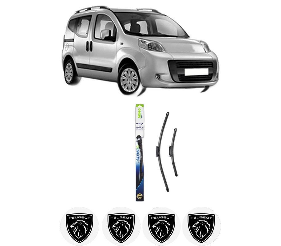 Set stergatoare auto PEUGEOT BIPPER TEPEE din 2008-2010, pentru parbriz auto, 2 bucati, Valeo Silencio Xtrm, din cauciuc siliconat rezistent, 4 Stickere Auto PEUGEOT