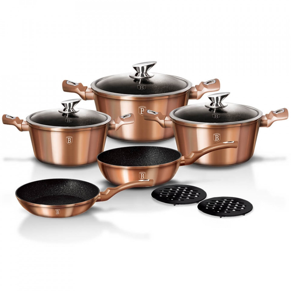 Set oale si tigai marmorate (10 piese) din aluminiu forjat Rose Gold (Cupru) Metalic Line Berlinger Haus BH 1220N