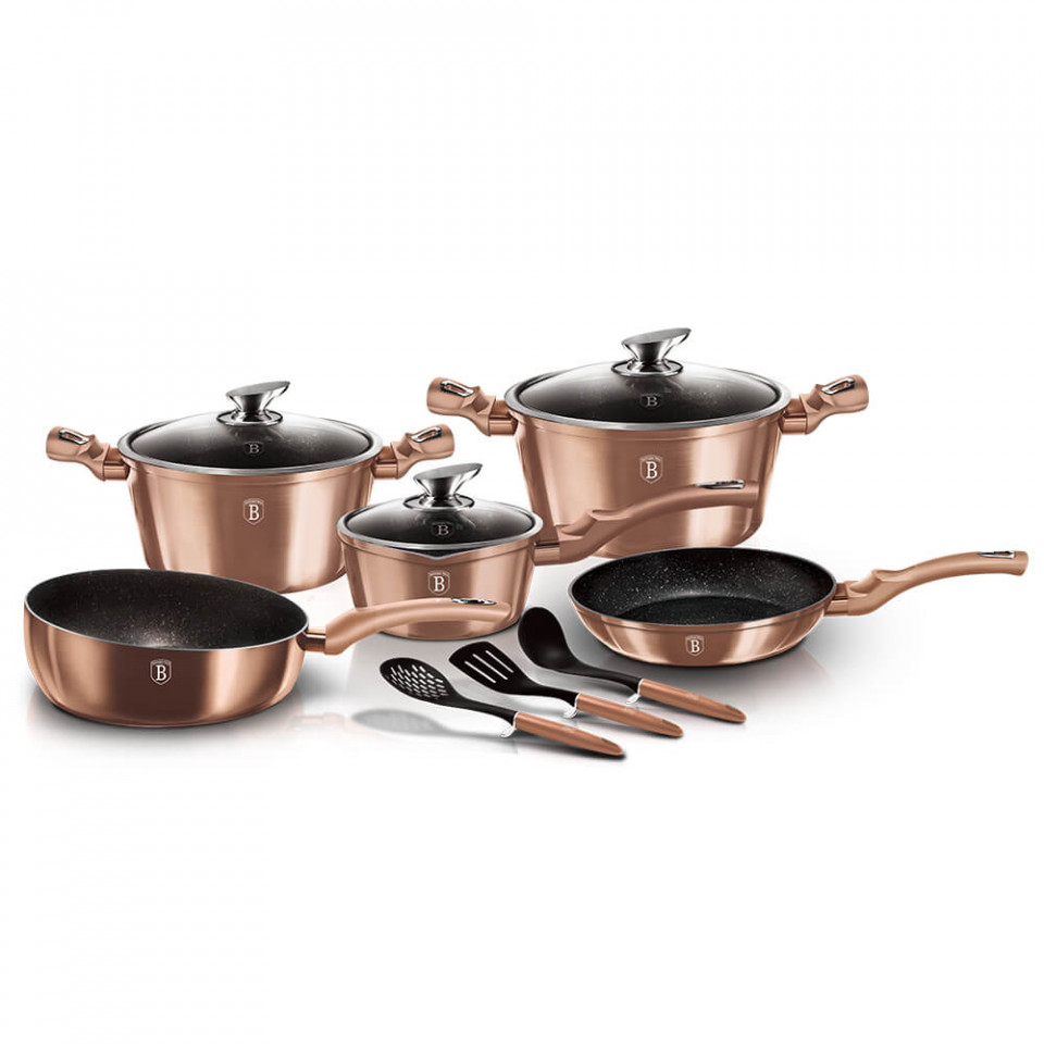 Set oale si tigai marmorate (11 piese) din aluminiu forjat Rose Gold (Cupru) Metallic Line Berlinger Haus BH 6160