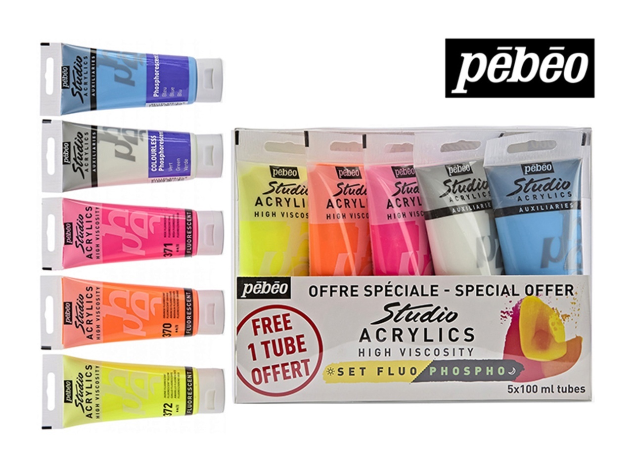 Set 5 x 100 ml culori acrilice Fluorescente si Fosforescente Studio + marker cadou Pebeo 831602