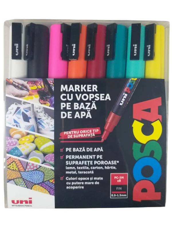 Set 8 markere PC-3M 0.9-1.3mm culori de baza Uni Posca M1483