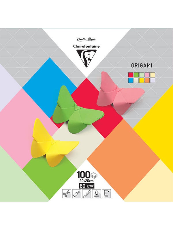 Hartie origami culori asortate 100 coli 80g 20X20cm Clairefontaine 95007C