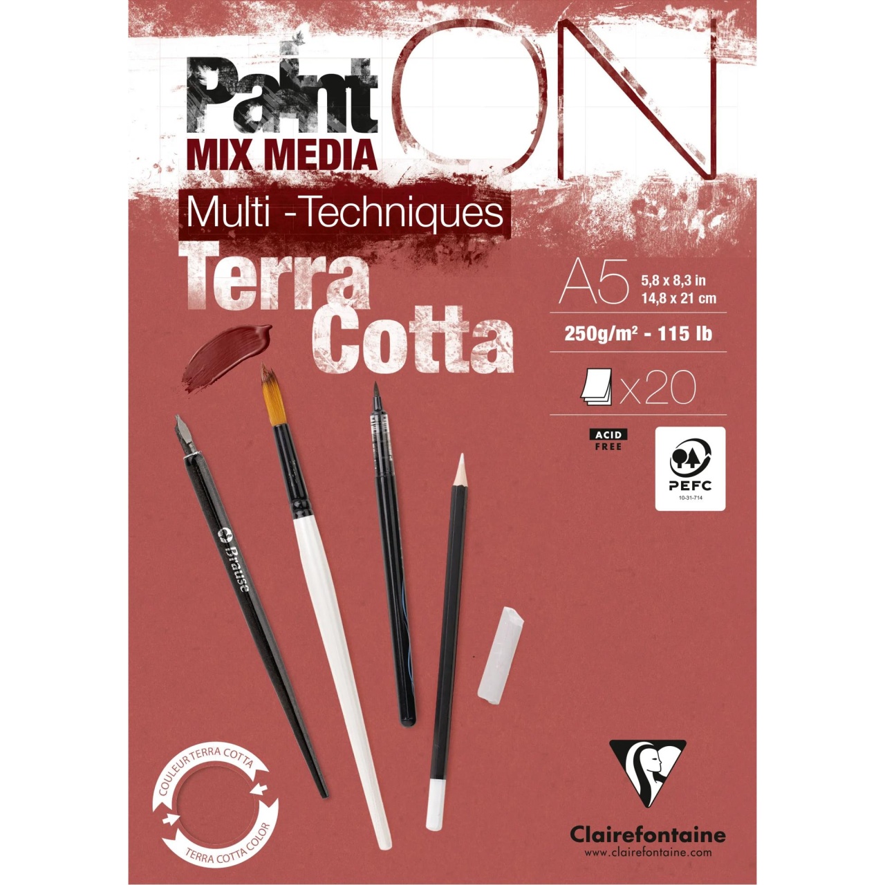 Bloc Mix Media Clairefontaine Paint'ON Terracotta, 20 file, 250g/mp (Marime: A5)