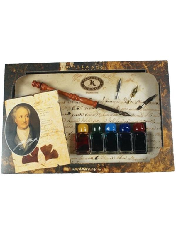 Set caligrafie Toc din lemn, 4 penite si 5 calimari cu cerneala colorata Rubinato 2021/2/5