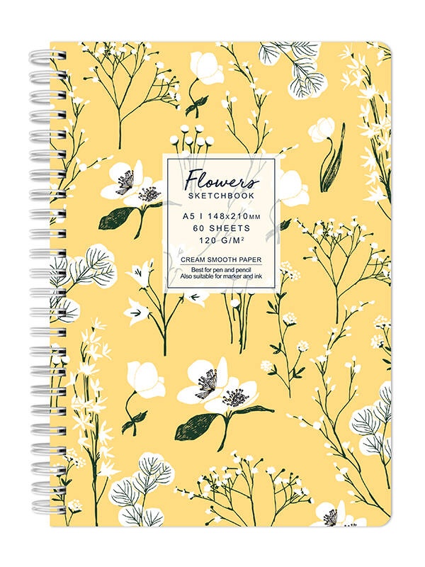 Sketchbook cu spira Flowers galben 120g/mp, 60 file Drasca (Marime: A6 (10.5 X 14.8cm))