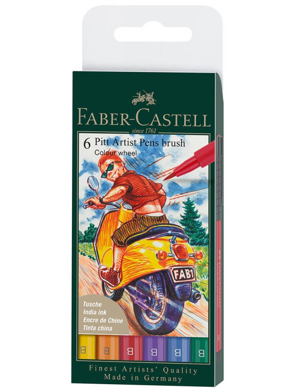 Pitt Artist Pen Brush India Ink set 6 culori de baza Faber Castell 167174