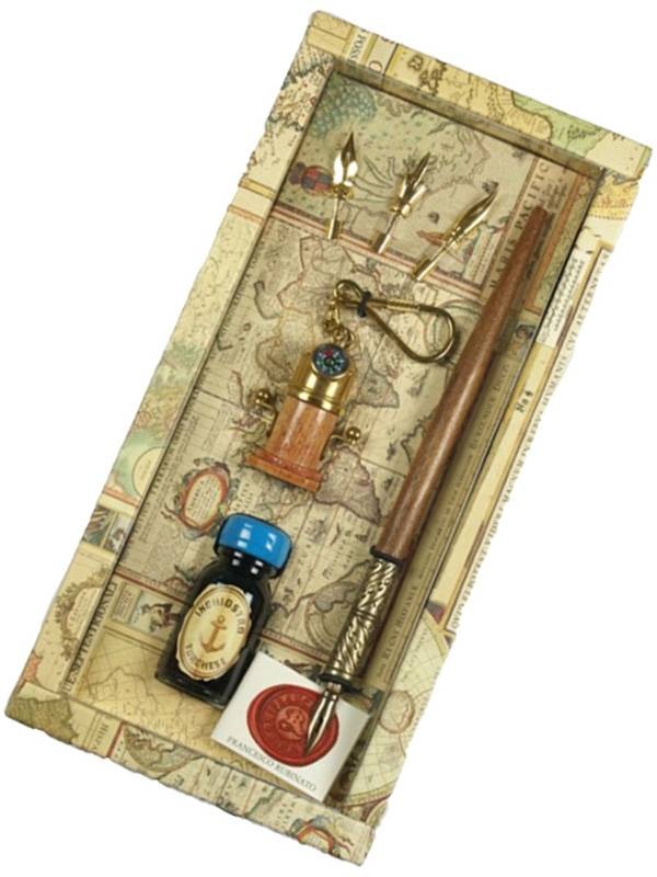 Set caligrafie Toc din lemn, 4 penite, calimara cu tus si breloc cu busola Rubinato 2021/4/15