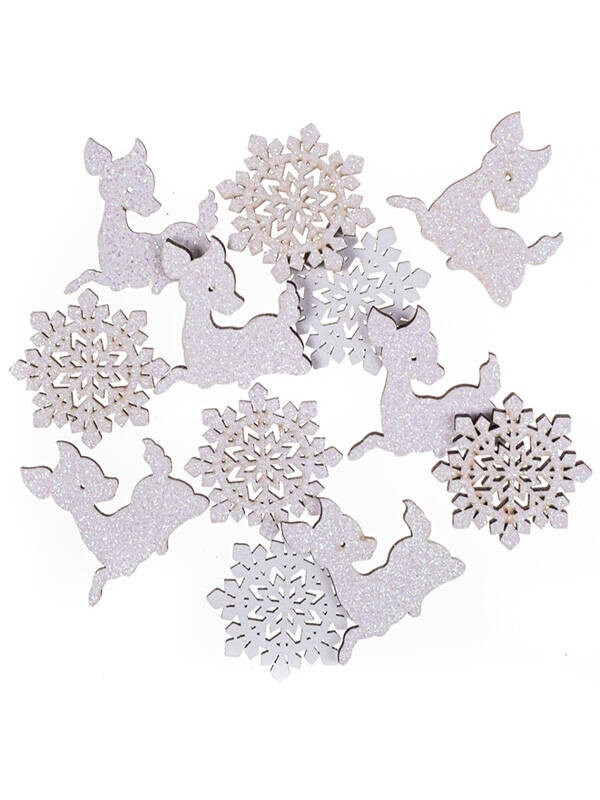 Set 12 ornamente adezive din lemn cu glitter Dp Craft DPDN-151
