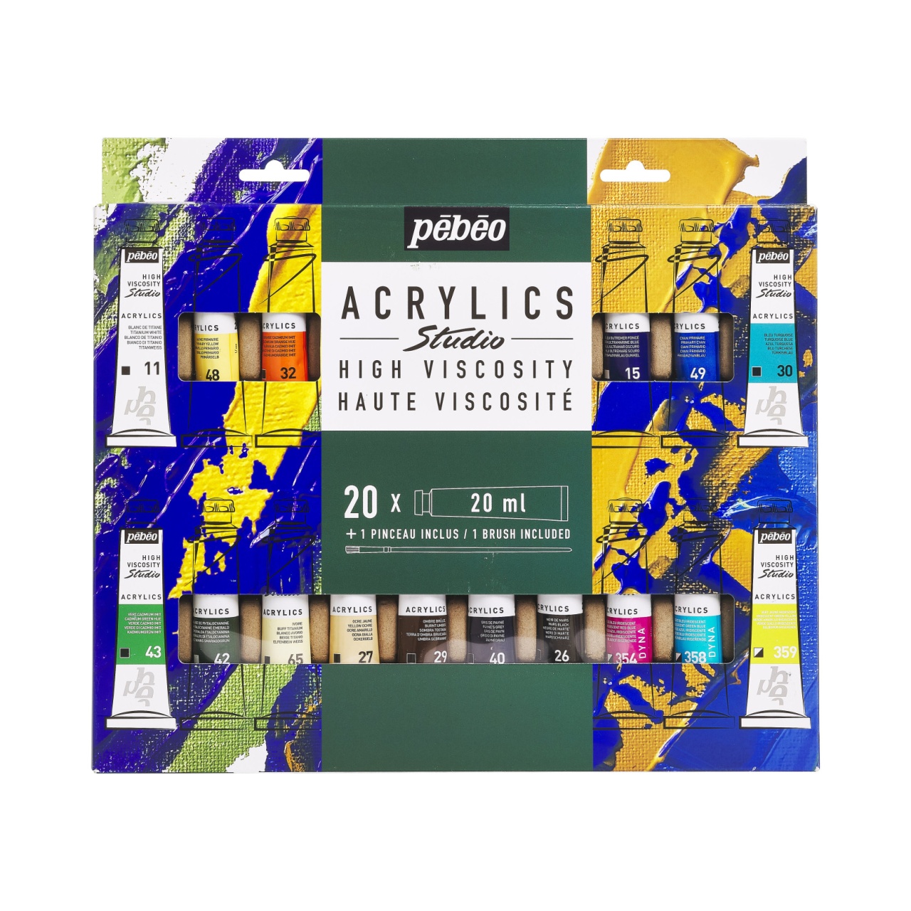 Set 20x20ml culori acrilice Pebeo Studio acrylics + 1 pensula cadou 833426