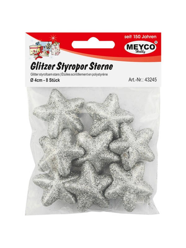 Set stelute din polistiren cu glitter argintiu Meyco (Marime - Nr. bucati: 3 cm, 12 buc.)