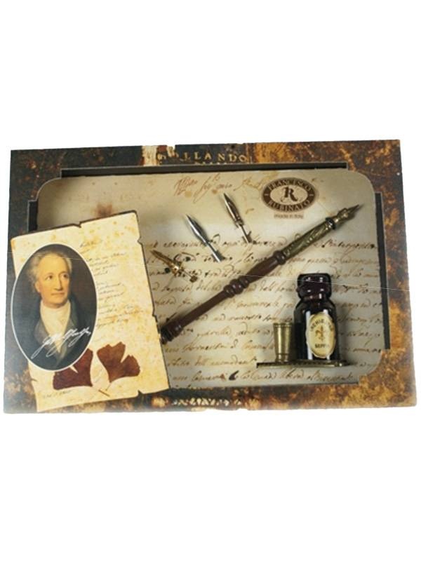 Set caligrafie Toc din lemn, 4 penite, calimara cu cerneala si suport metalic pentru calimara si toc Rubinato 2021/2/4