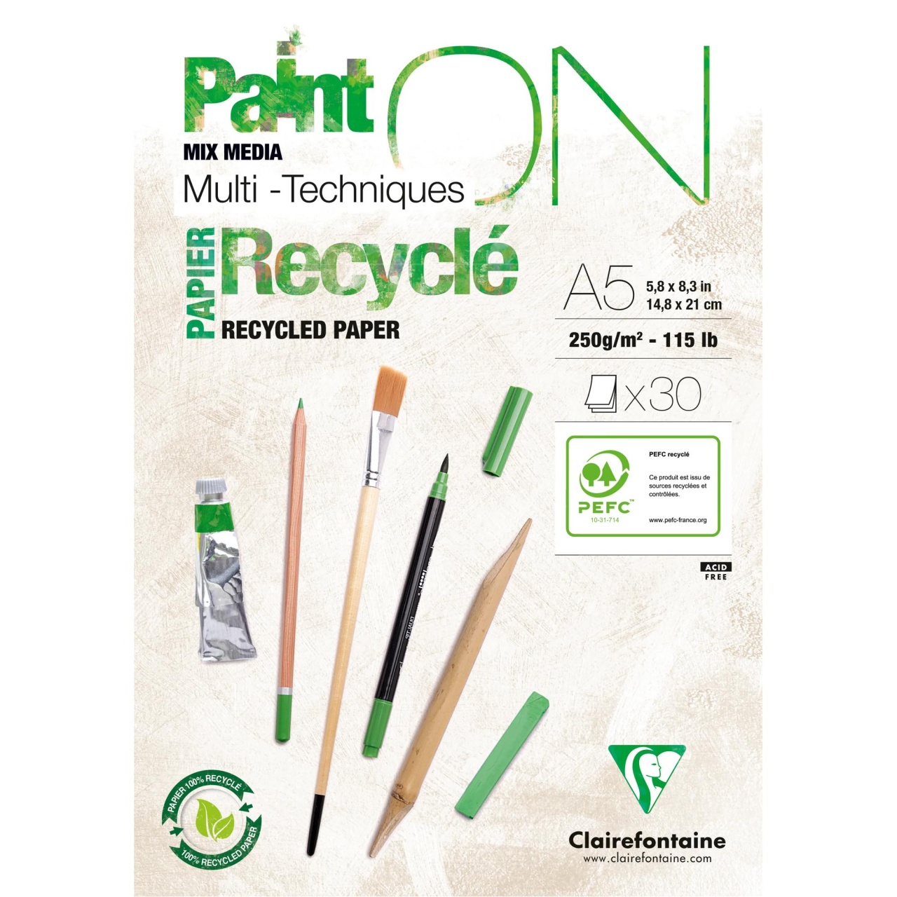 Bloc Mix Media Clairefontaine Paint'ON Recycled, 30 file, 250g/mp (Marime: A5)