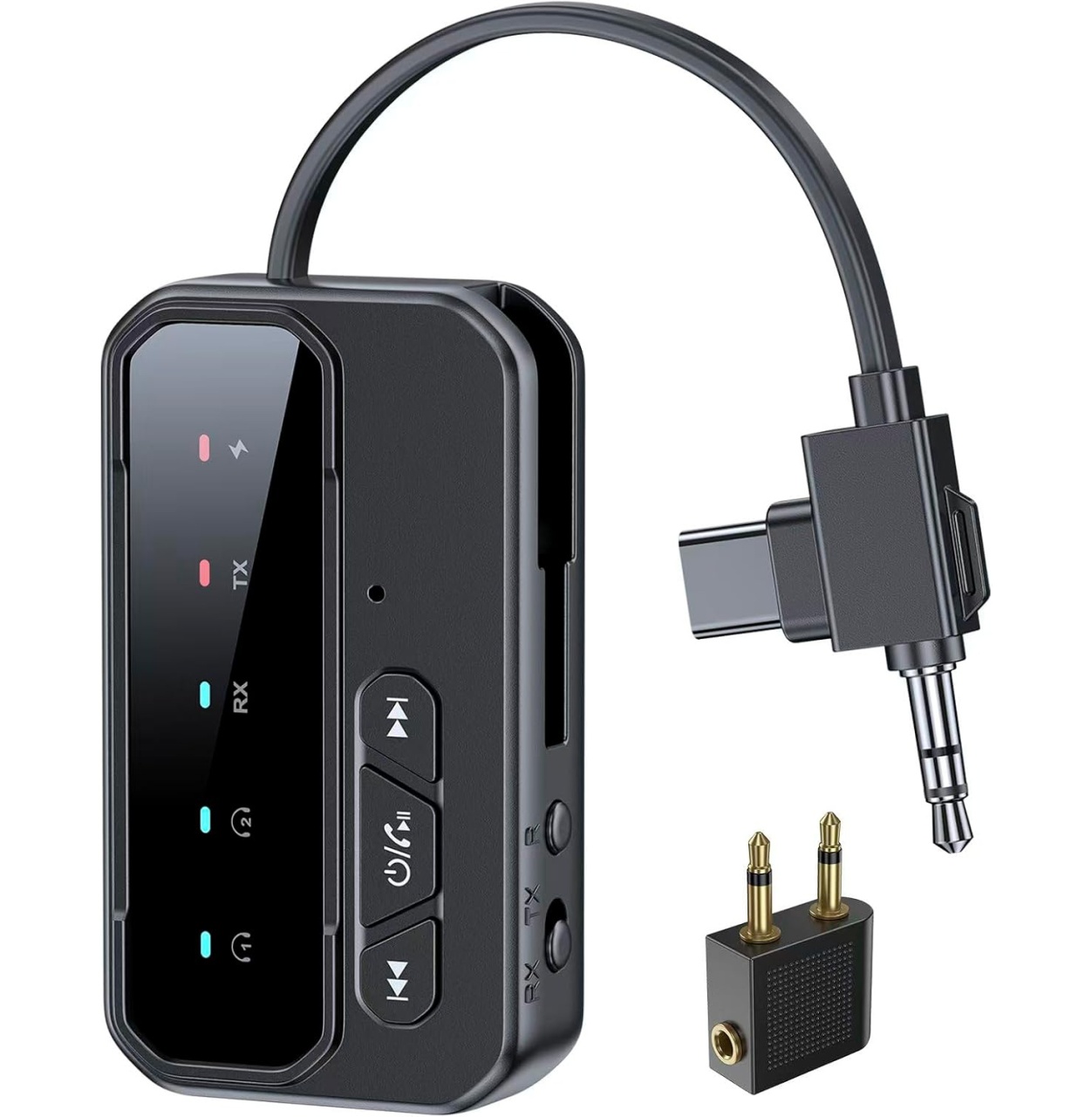 Adaptor Audio Bluetooth 5.4 2-in-1 TX/RX, Dual Pairing 2 Dispozitive, AUX 3.5 mm si USB-C, Low Latency, Microfon, Baterie 200 mAh, pentru Avion, TV, Auto si Casti Bluetooth