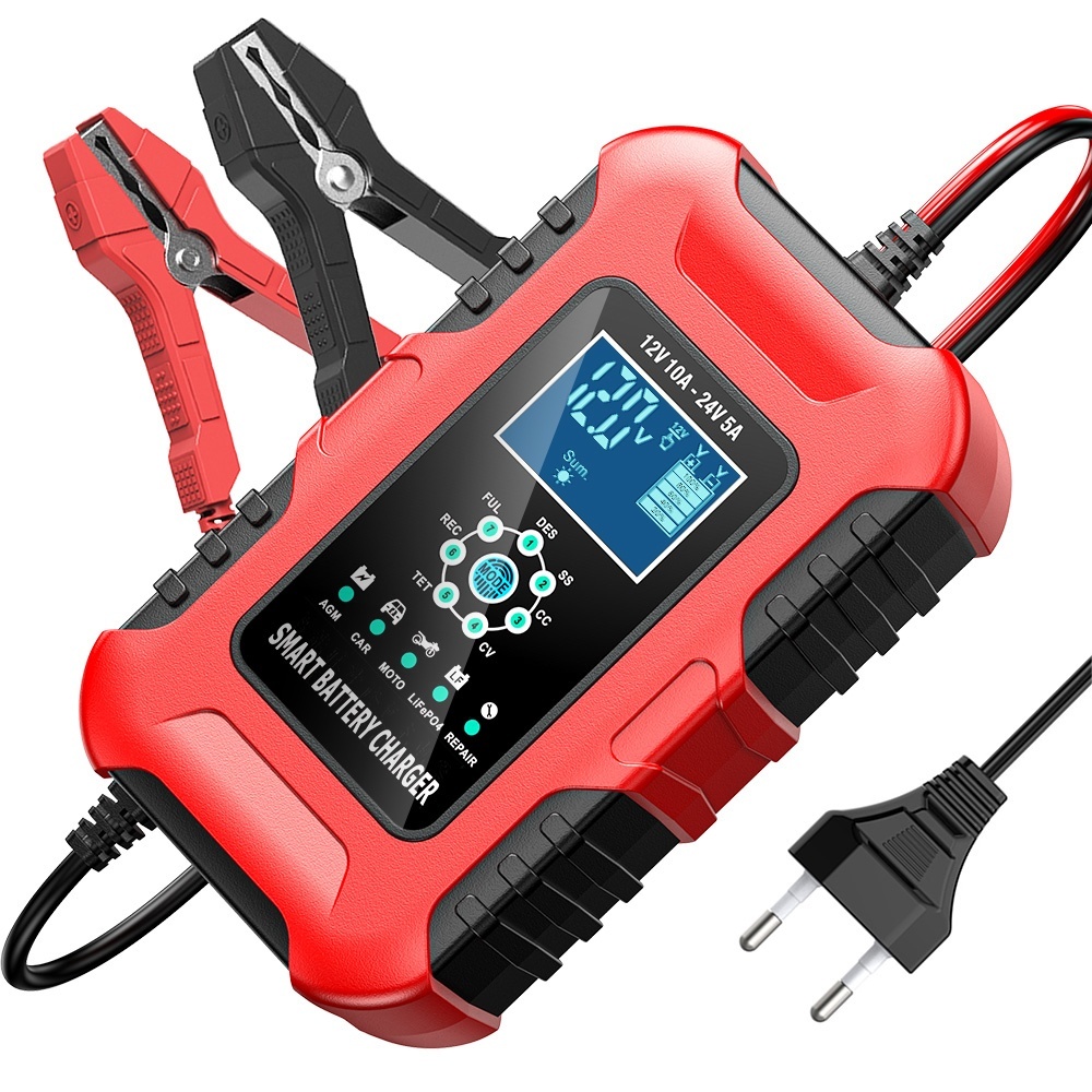 Redresor inteligent baterii auto 12V 10A / 24V 5A FOXSUR FBC122410D, incarcator automat cu afisaj LCD, 7 etape, mod REPAIR, compensare temperatura, protectii multiple, compatibil AGM GEL EFB LiFePO4, auto moto barci