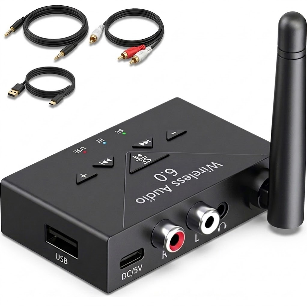 Receiver Audio Bluetooth 6.0 cu Microfon Techstar J300, AUX 3.5 mm, RCA, USB Player, Hi-Fi Stereo, Antena Externa, Type-C 5V, raza pana la 20 m, pentru Auto, Boxe si Amplificator