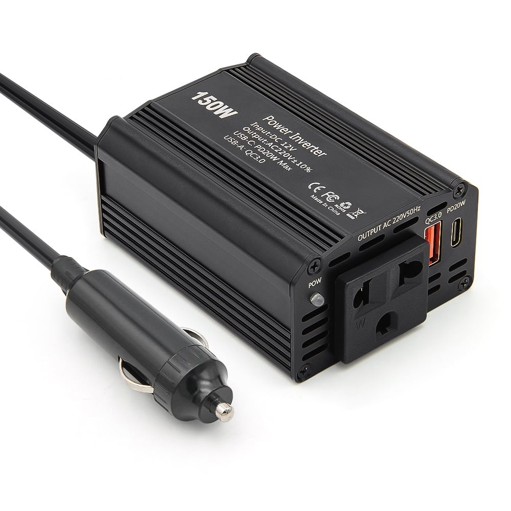 Resigilat Invertor de Putere Auto Techstar® 150W - 12V DC la 220V AC, cu Porturi USB-C si USB-A pentru Incarcare Rapida