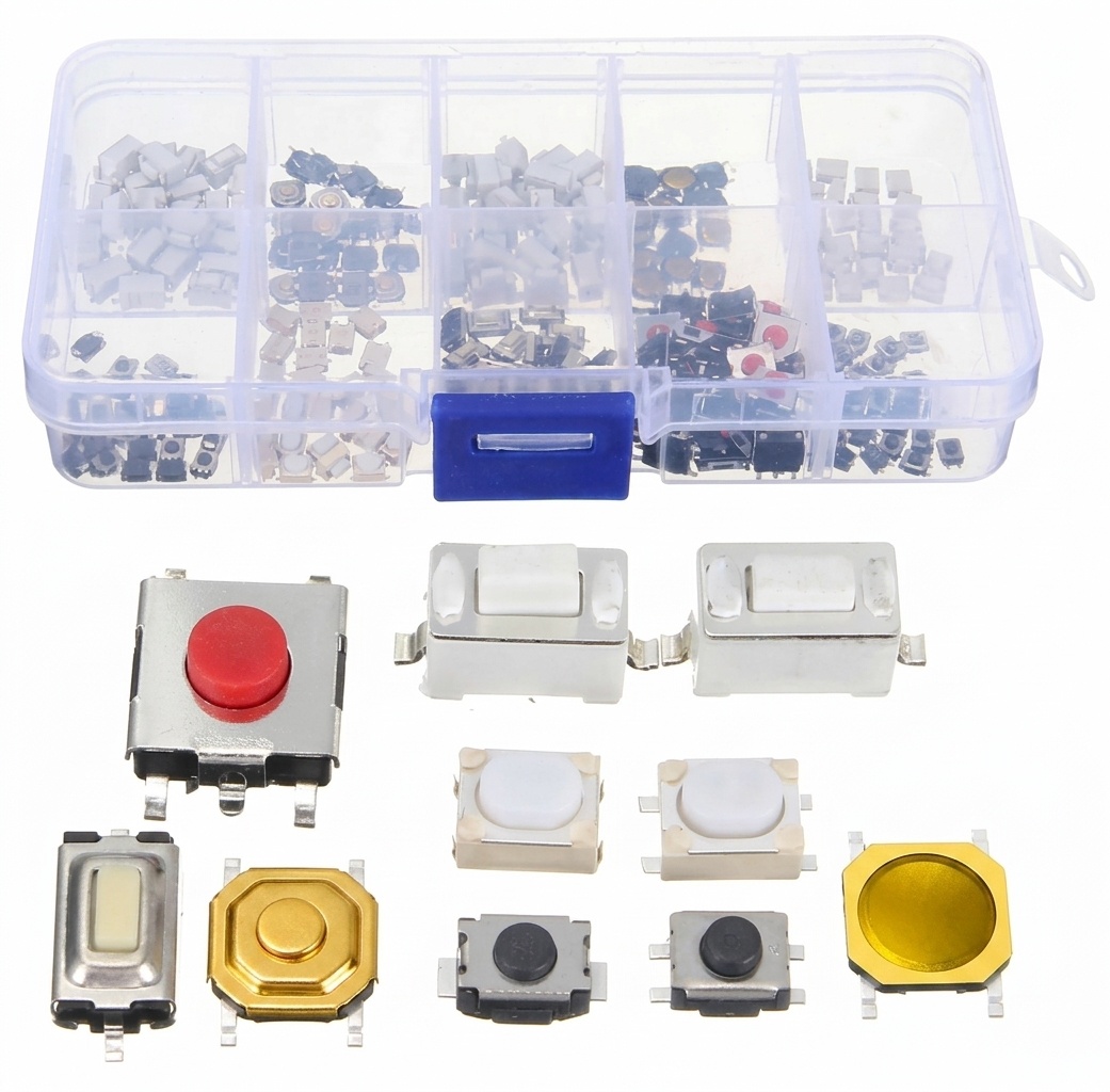 Kit micro-switch-uri tactile Techstar pentru reparatii chei si telecomenzi auto, 200 piese, 10 modele SMD, 20 bucati/model, organizator inclus