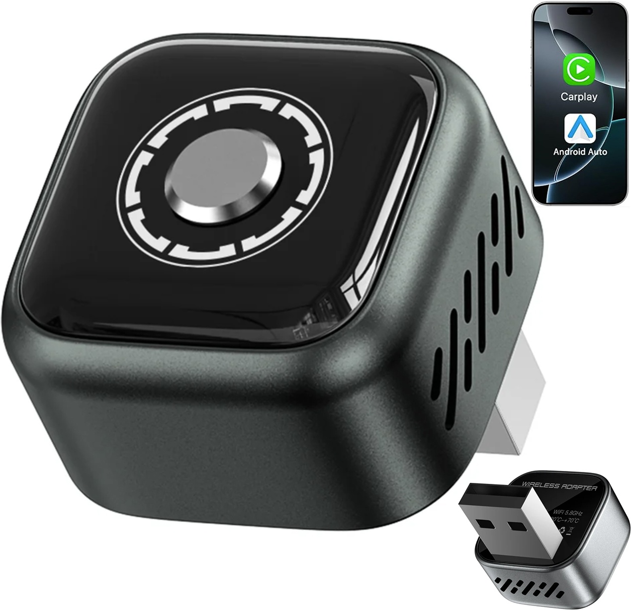 Adaptor Wireless CarPlay & Android Auto 2-in-1 Techstar® B12, USB Compact, Bluetooth 5.3 + Wi-Fi 5.8GHz (5G), Plug & Play, Buton Control/Reset + LED, Conectare Automata