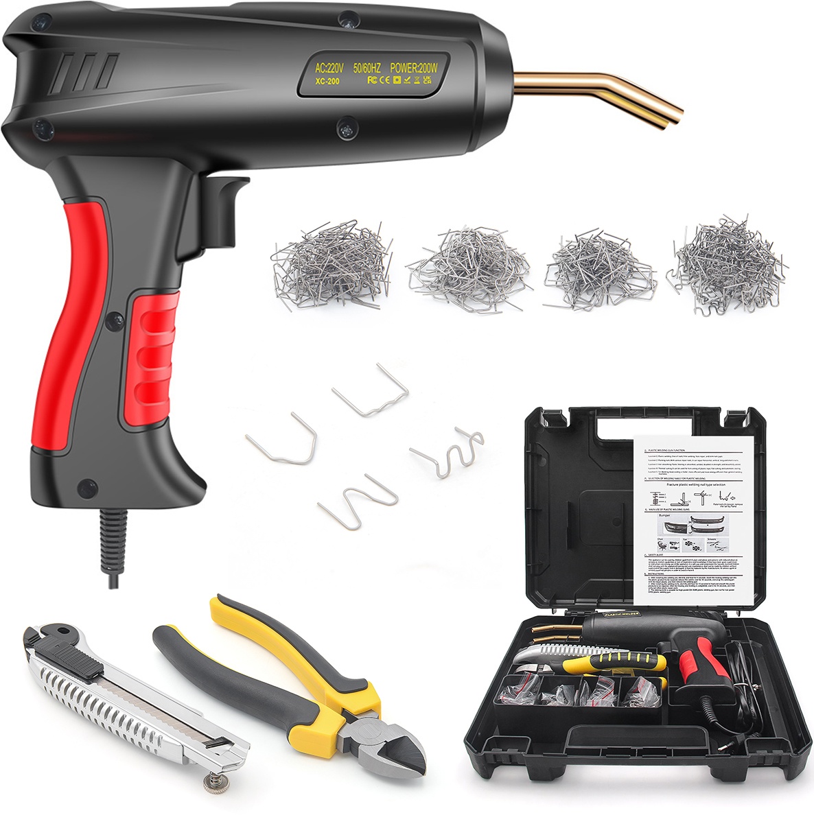 Aparat de sudura plastic Techstar® de 200W – Plastic Welder 2 in 1, cu Predominare cu Capse Termice, LED, Set Complet in Cutie, 200 capse incluse