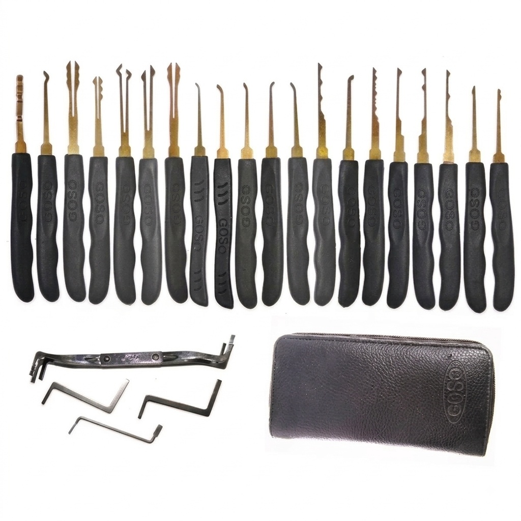 Set profesional GOSO pentru lacatuserie, 24 piese, 20 instrumente de precizie si 4 tensionere, trusa cu fermoar