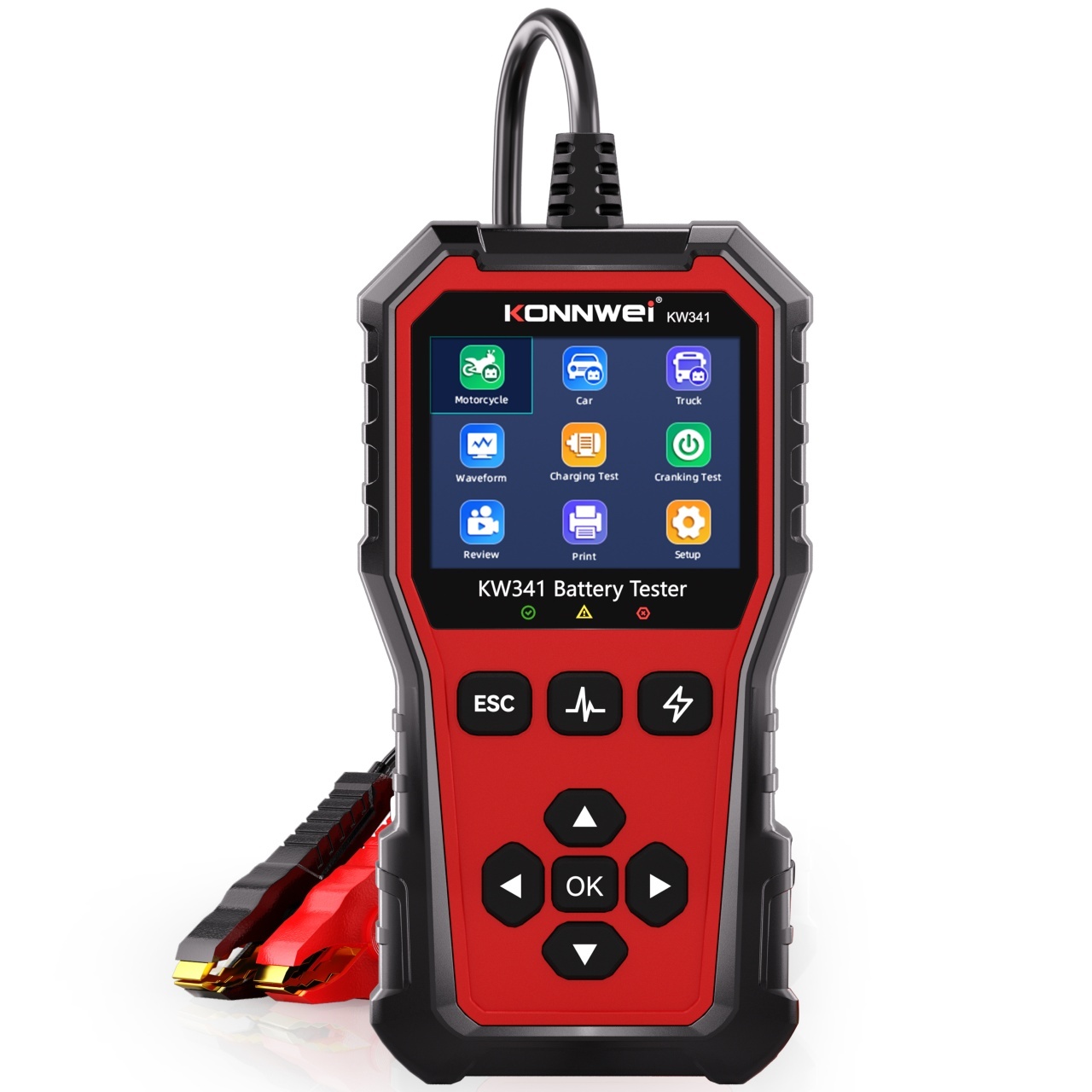 Tester baterie auto KONNWEI KW341 6V 12V 24V, CCA 10–2000, SOH SOC, test alternator si pornire, AGM EFB GEL Litiu, waveform, raport QR