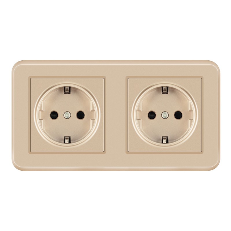 Priza Dubla de Perete Incastrata Techstar® TS-PC, 110-250V, 16A, Ignifuga, 80x151mm, Auriu