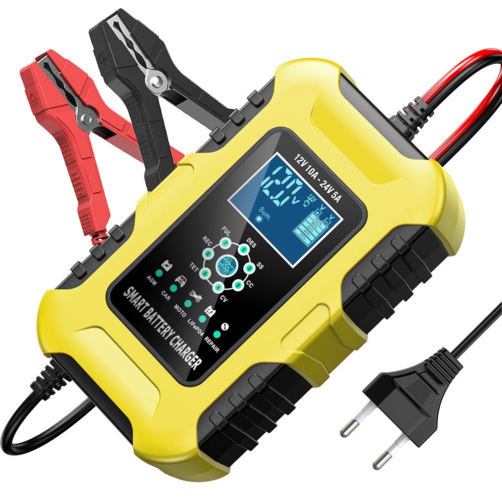 Redresor inteligent baterii auto 12V 10A / 24V 5A FOXSUR FBC122410D, incarcator automat cu afisaj LCD, 7 etape, mod REPAIR, compensare temperatura, protectii multiple, compatibil AGM GEL EFB LiFePO4, auto moto barci Galben/Negru