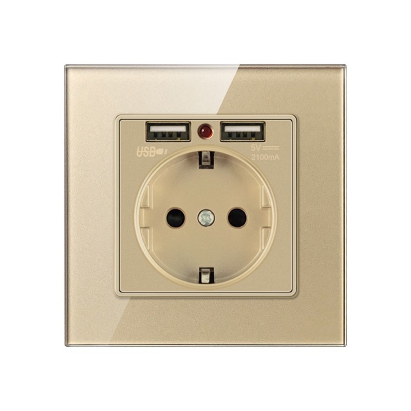 Resigilat Priza de Perete cu 2 Porturi USB si Rama din Sticla Techstar® TS-GL, 110-250V, 16A, Ignifuga, 86x86mm, Auriu