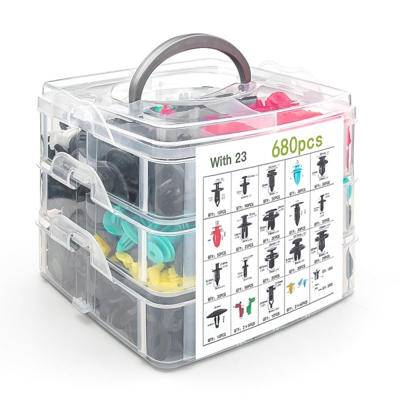 Set 680 clipsuri / cleme auto de fixare universale Techstar® Repair Kit, plastic, 23 dimensiuni de la 5 mm la 100 mm, pentru usi, aripi, bare de protectie si scuturi, multicolor Set 680 clipsuri / cleme auto de fixare universale Techstar® Repair Kit, plastic, 23 dimensiuni de la 5 mm la 100 mm, pentru usi, aripi, bare de protectie si scuturi, multicolor