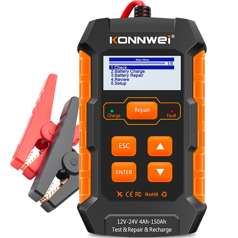 Tester incarcare si reparare baterii auto KONNWEI KW520 – Tester baterie 12V/24V cu functie de incarcare 10A/5A, reparare pulse, test cranking si alternator, afisaj LCD color