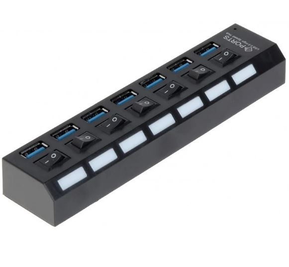 USB Hub Techstar® HB6, 3.0 High Speed, 7 Port USB 3.0, Buton On/Off, Conexiune USB 3.0 de mare viteza