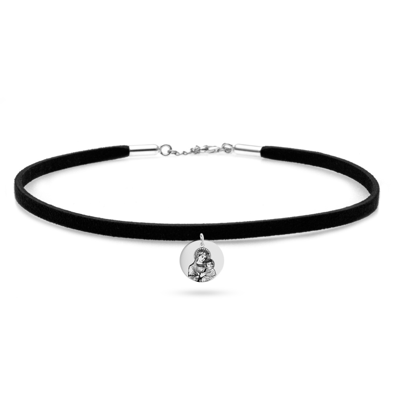 Choker Alcantara cu bănuț din Argint 925 cu Fecioara Maria