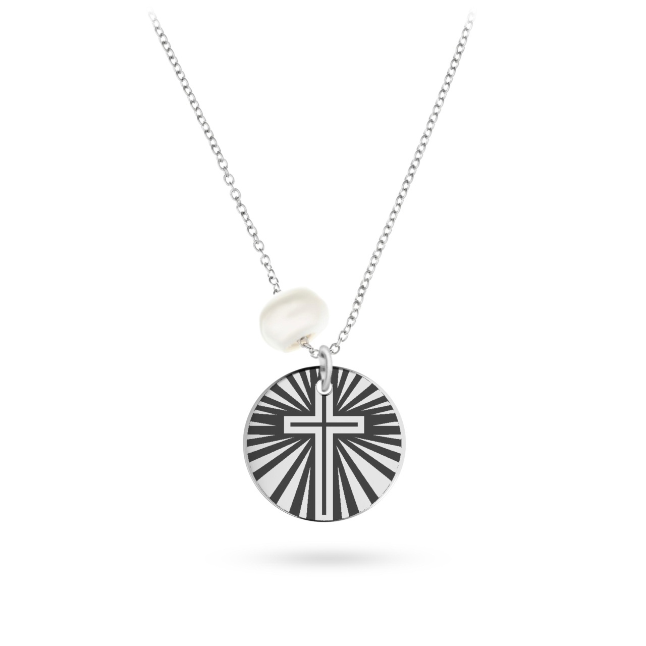 Colier Pearl Cross cu banut din Argint gravat Cruce 3D