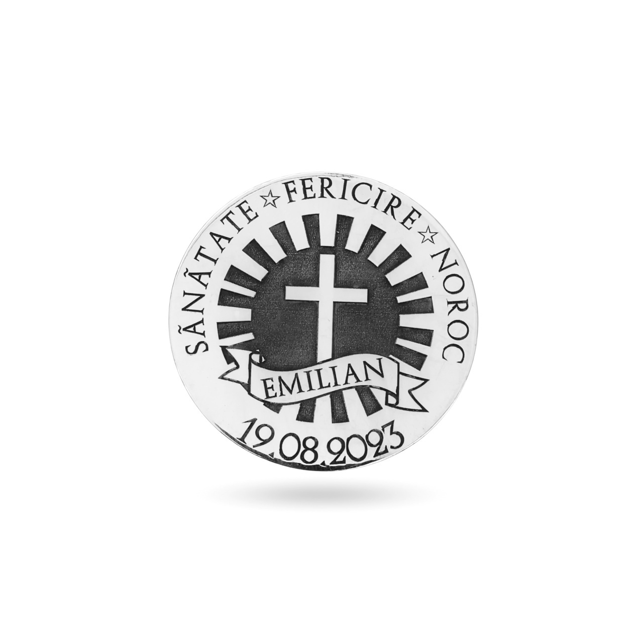 Moneda Botez 3cm din Argint 925 personalizata cu numele copilului, data si cruciulita