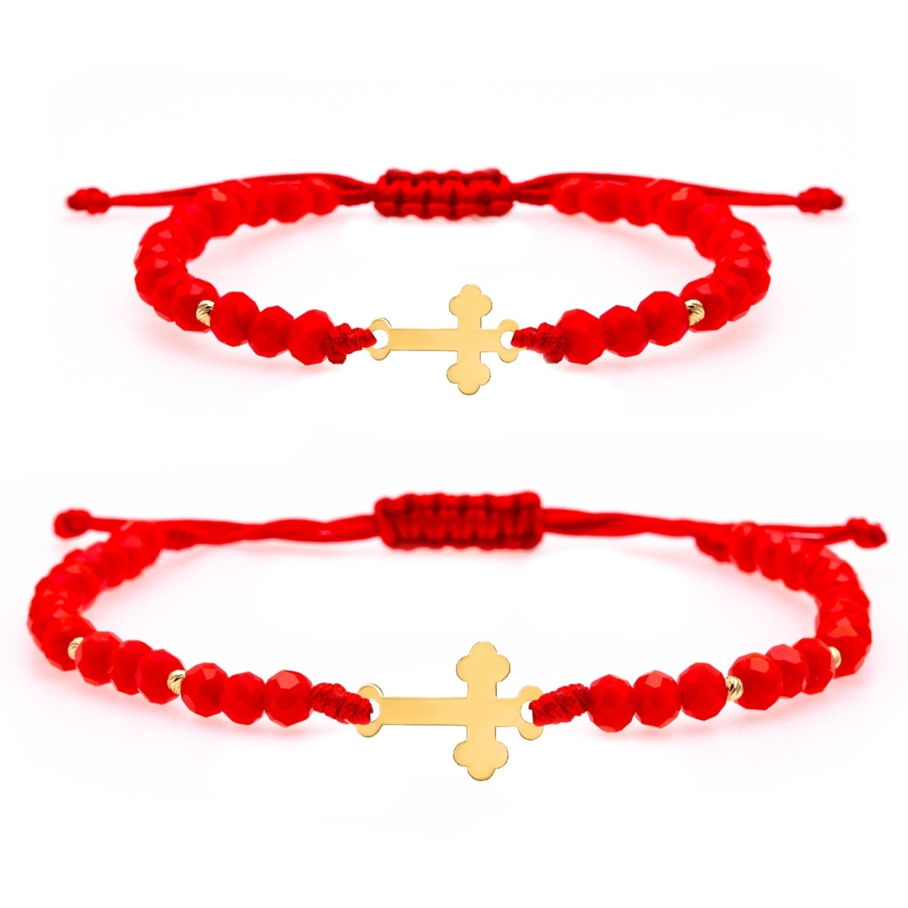 Set 2 Bratari mama si copil cu snur si cruciulita 1cm & 1.2cm din aur 14k + bilute