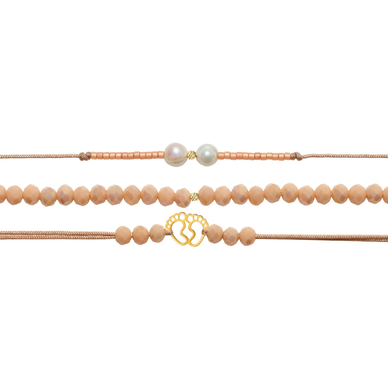 Set PROMO 3 bratari cu snur & cristale + bilute si talpite bebe din aur 14k
