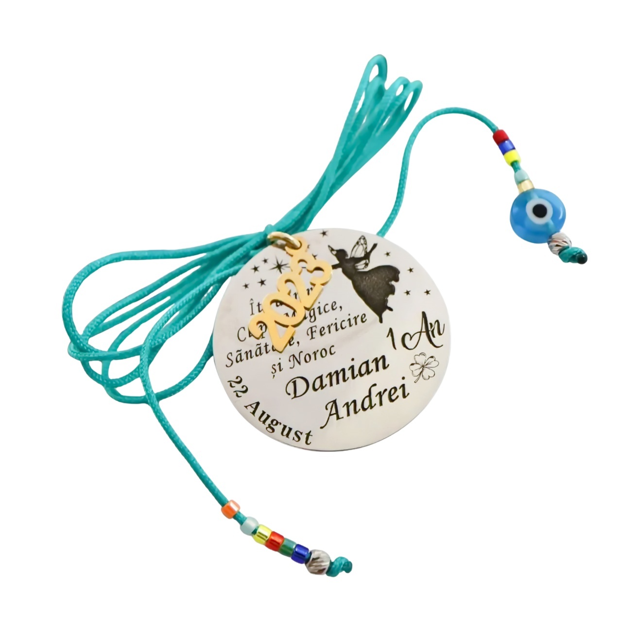 Banut 2.5cm pentru botez - mot - cu charm, snur si miyuki