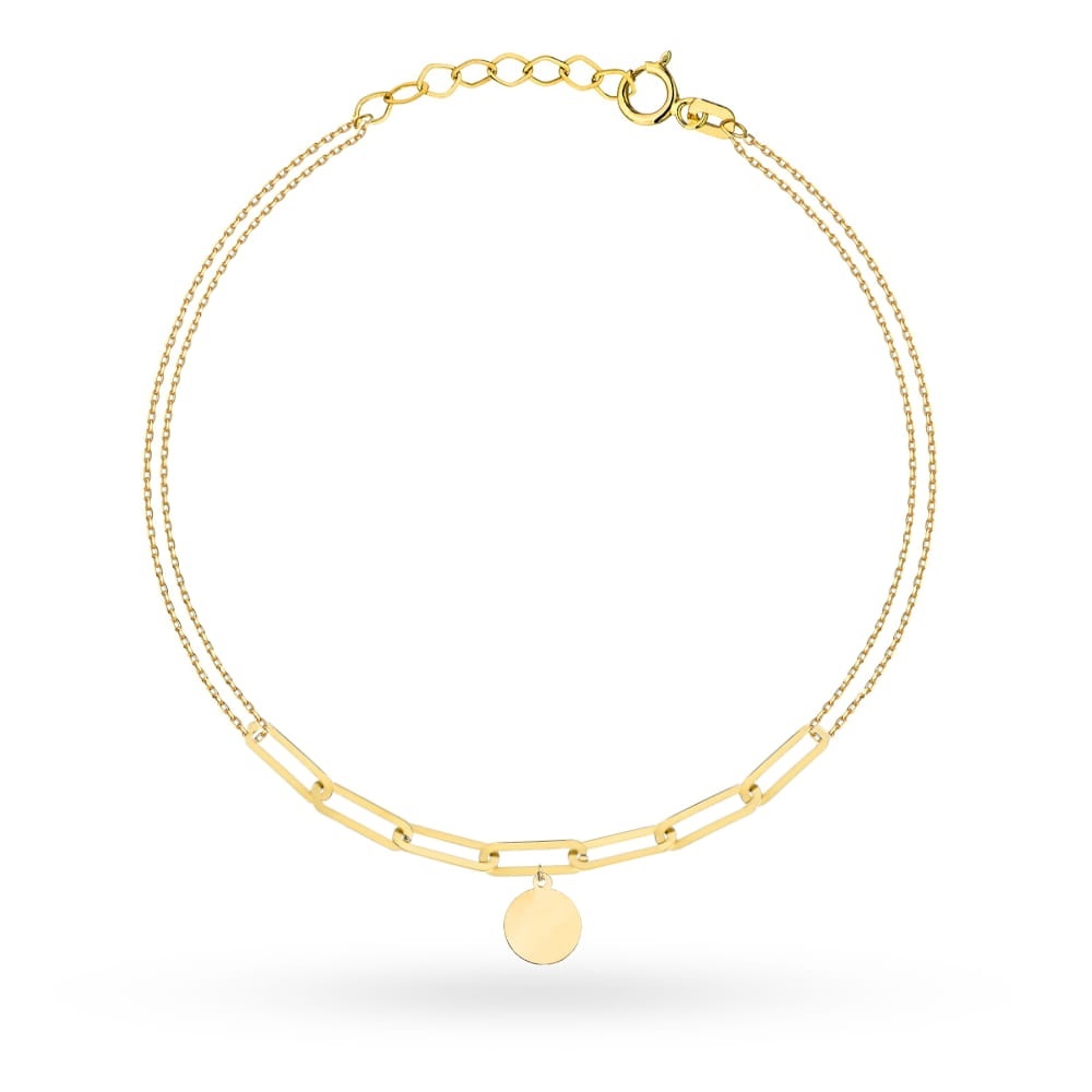 Brățară Eleganță Aur 14K Pe Lanț Dublu Cu Zale Lungi Și Cerc Plin