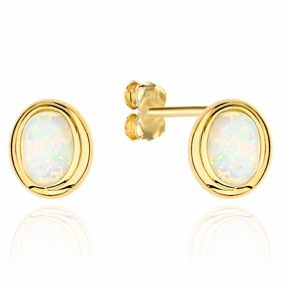 Cercei Aur 14K Opal Oval, Montură Simplă