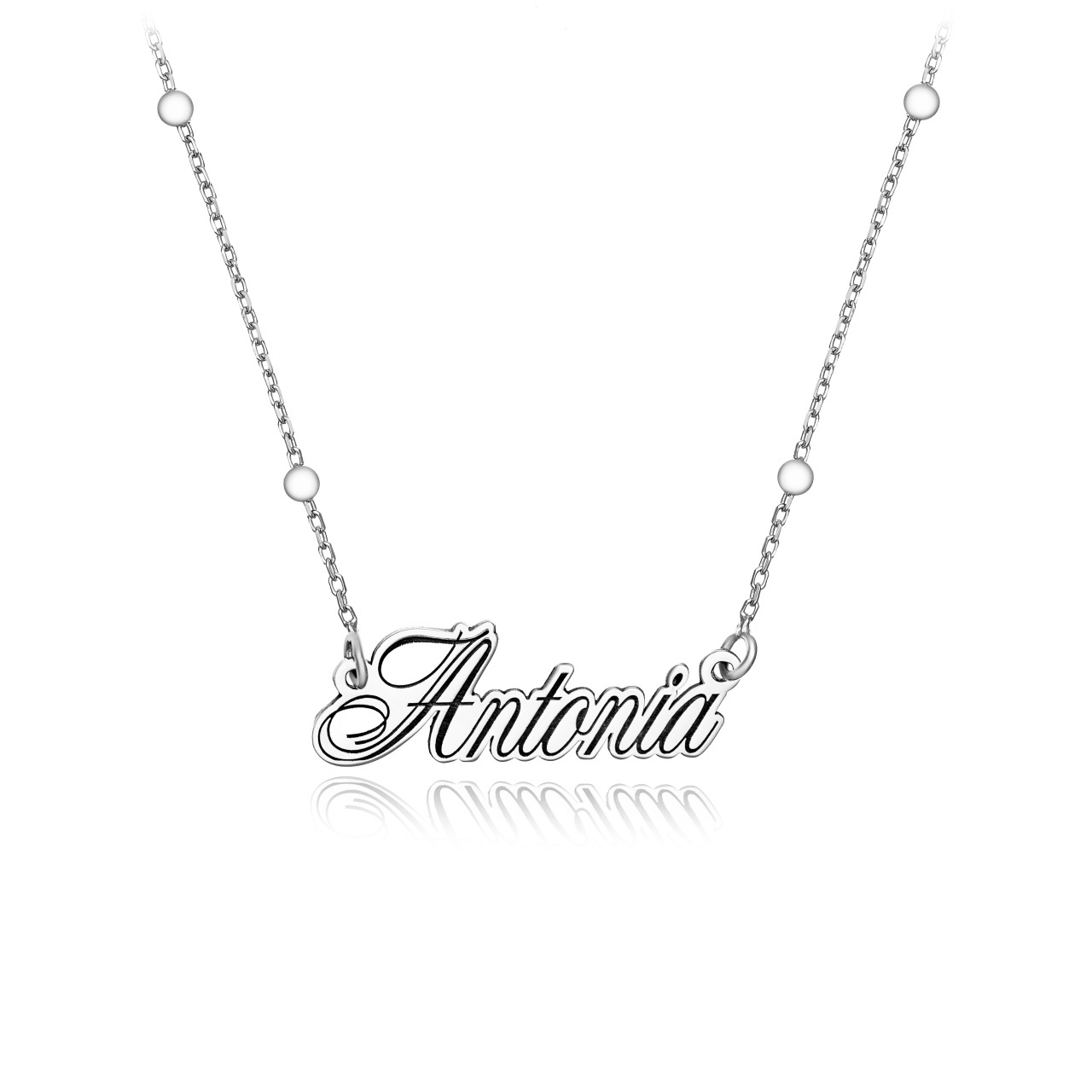 Colier din argint personalizabil cu nume HD si lantisor cu bilute 45cm