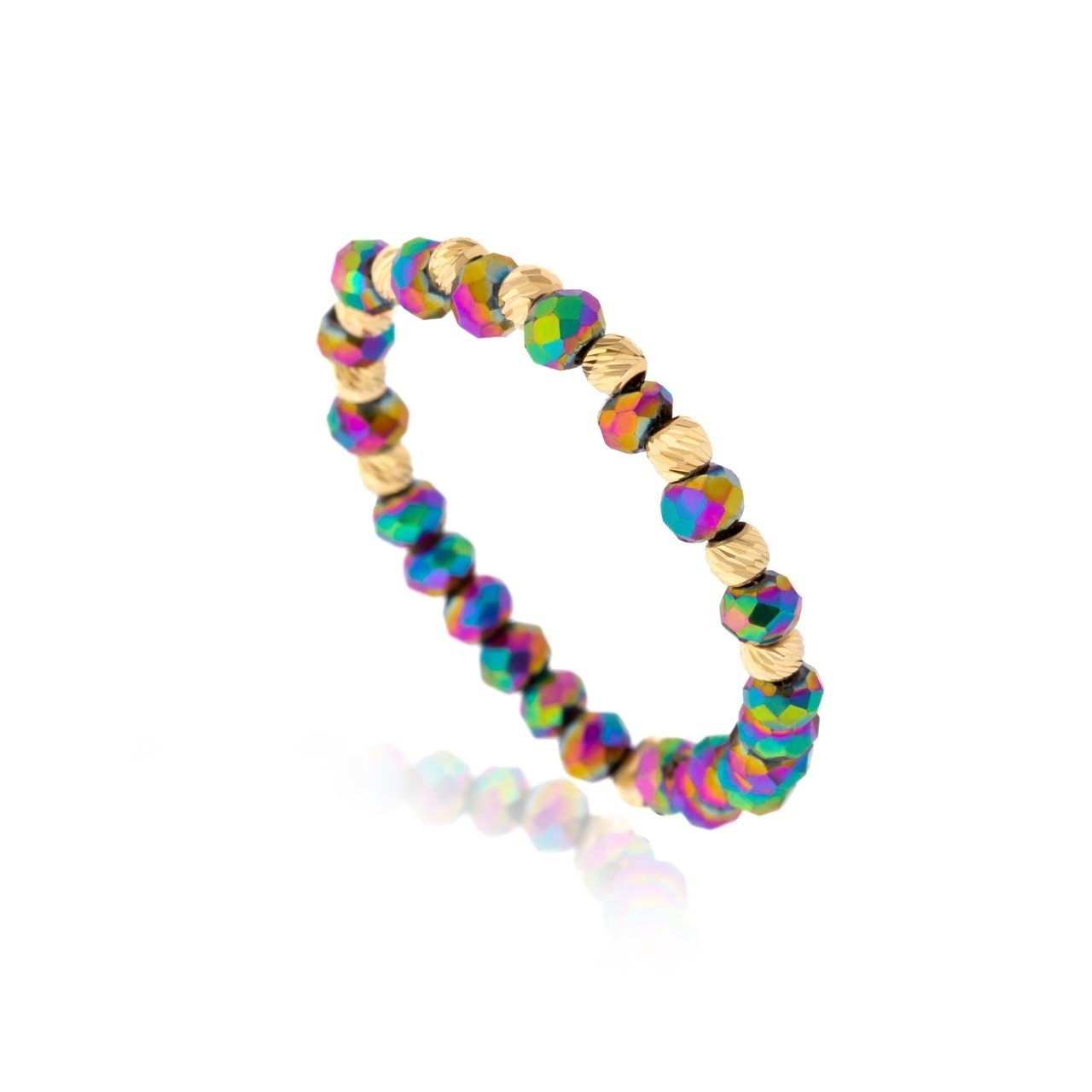Inel Rainbow cu cristale si 10 bile din Aur 14K