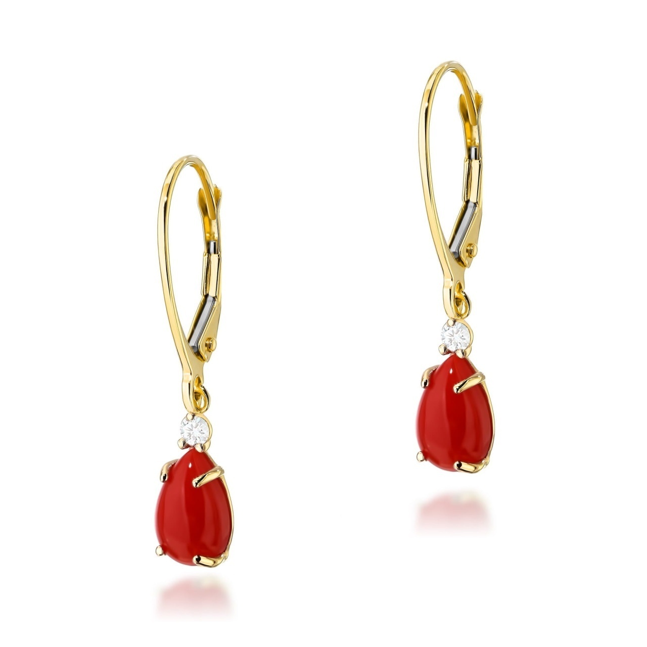 Cercei Aur 14K cu Coral 0.65 ct si Diamante Naturale 0.06 ct