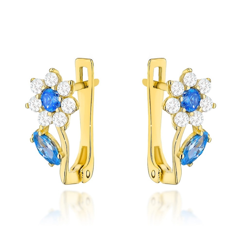 Cercei Aur 14K Model Flori Cu Circoniu Albastru