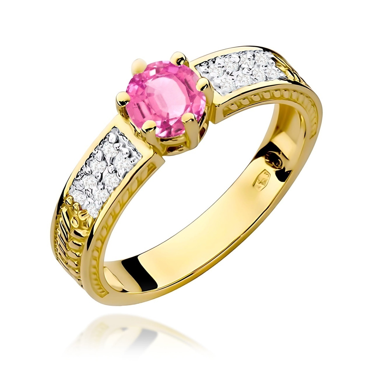 Inel Aur 9K cu Topaz Roz 0.60 ct si Diamante Naturale 0.08 ct