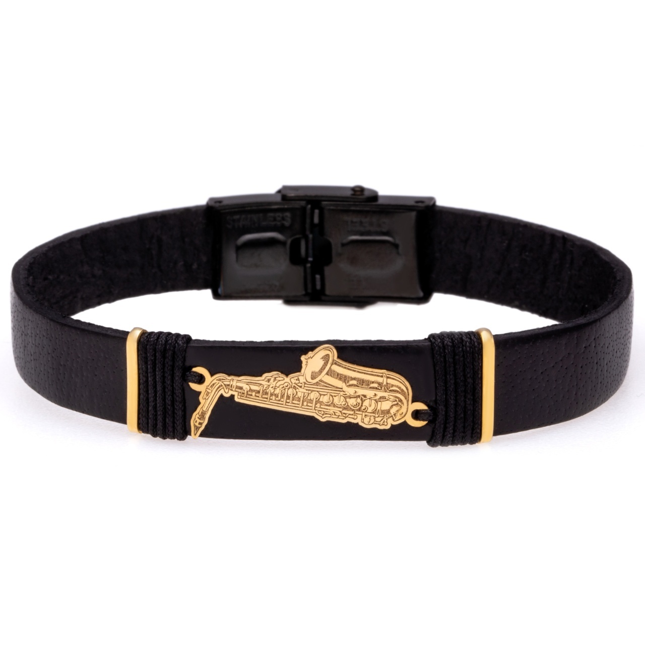 Brățară SAX cu saxofon din AUR 14K si Piele Naturală