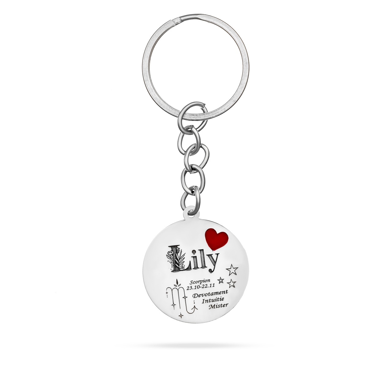 Breloc cu banut 25mm din Argint 925 personalizat cu nume, zodie si text