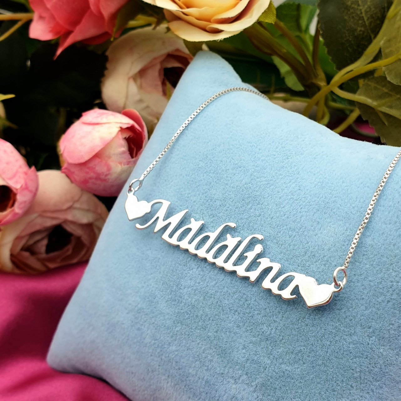Colier Box din Argint 925 cu nume Madalina si inimioare