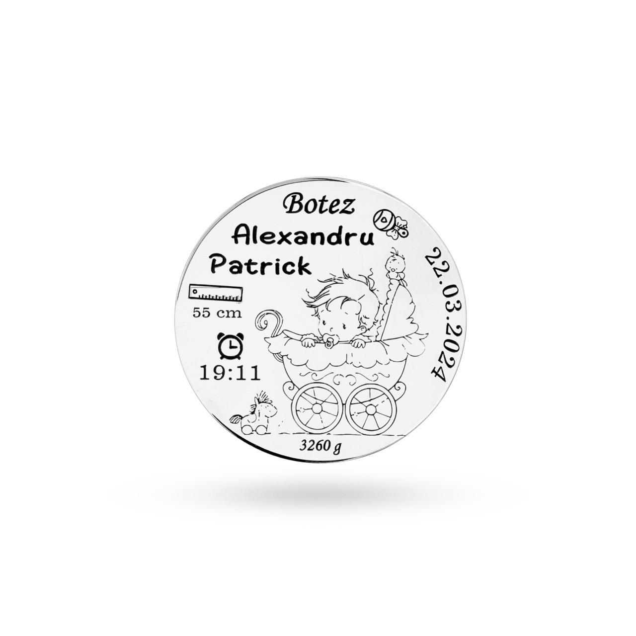 Moneda 3cm din Argint pentru botez sau mot - gravura pentru baietei