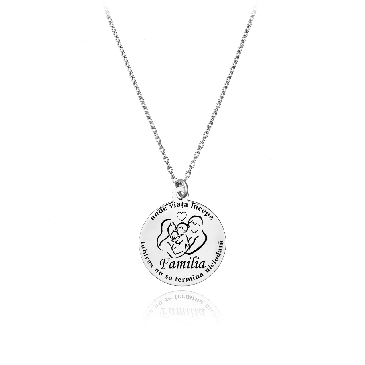 Colier cu banut 18mm din argint 925 - Familia / Unde viata incepe si iubirea nu se termina niciodata