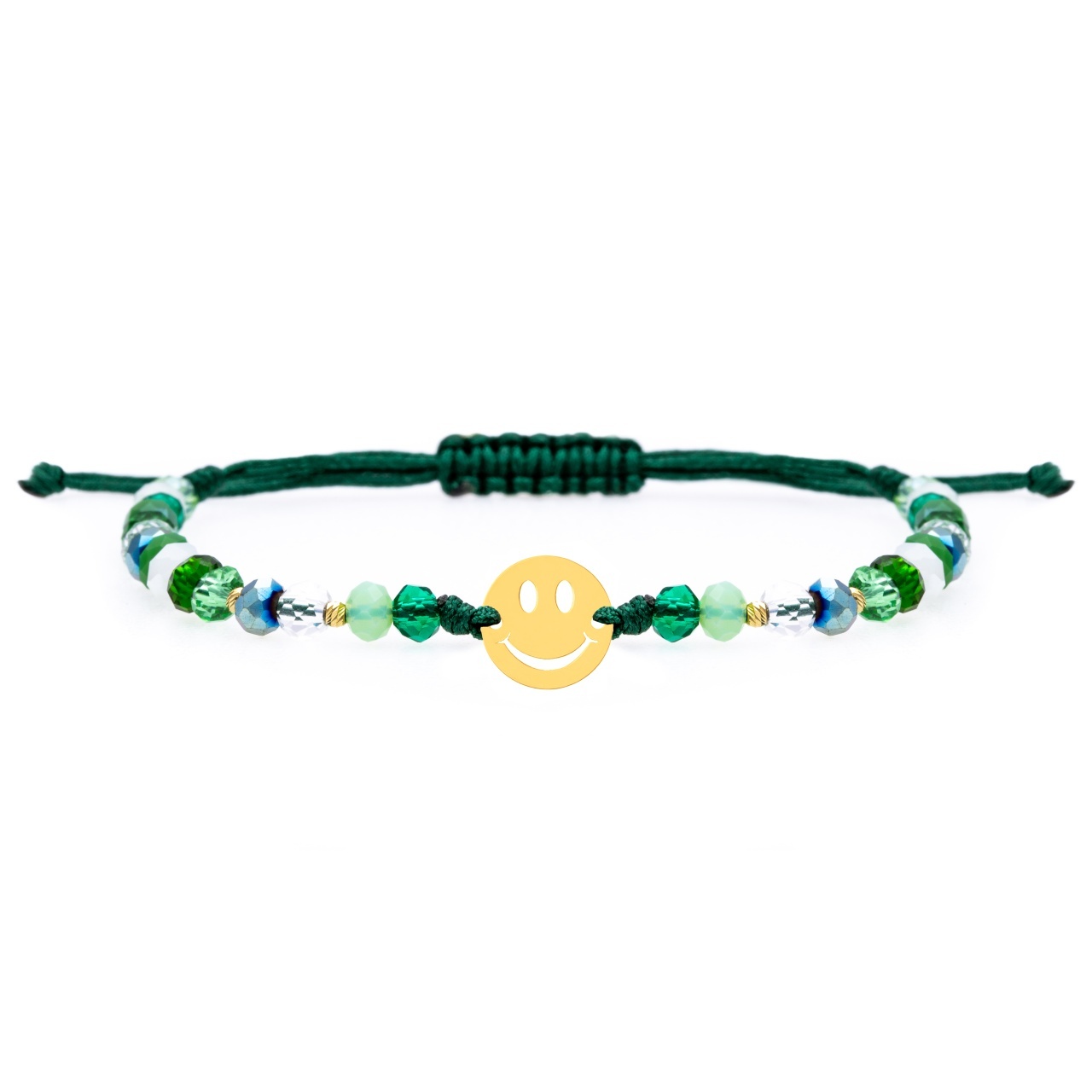 Bratara cu cristale si banut de 10mm decupat Smiley din aur 14k + 4 bilute